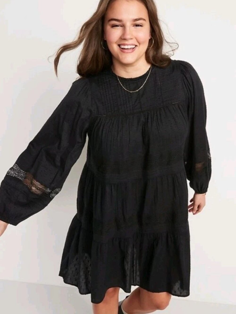 Old Navy Plus Size Black Long-Sleeve Pintucked Clip-Dot Mini Swing Dress XXL
